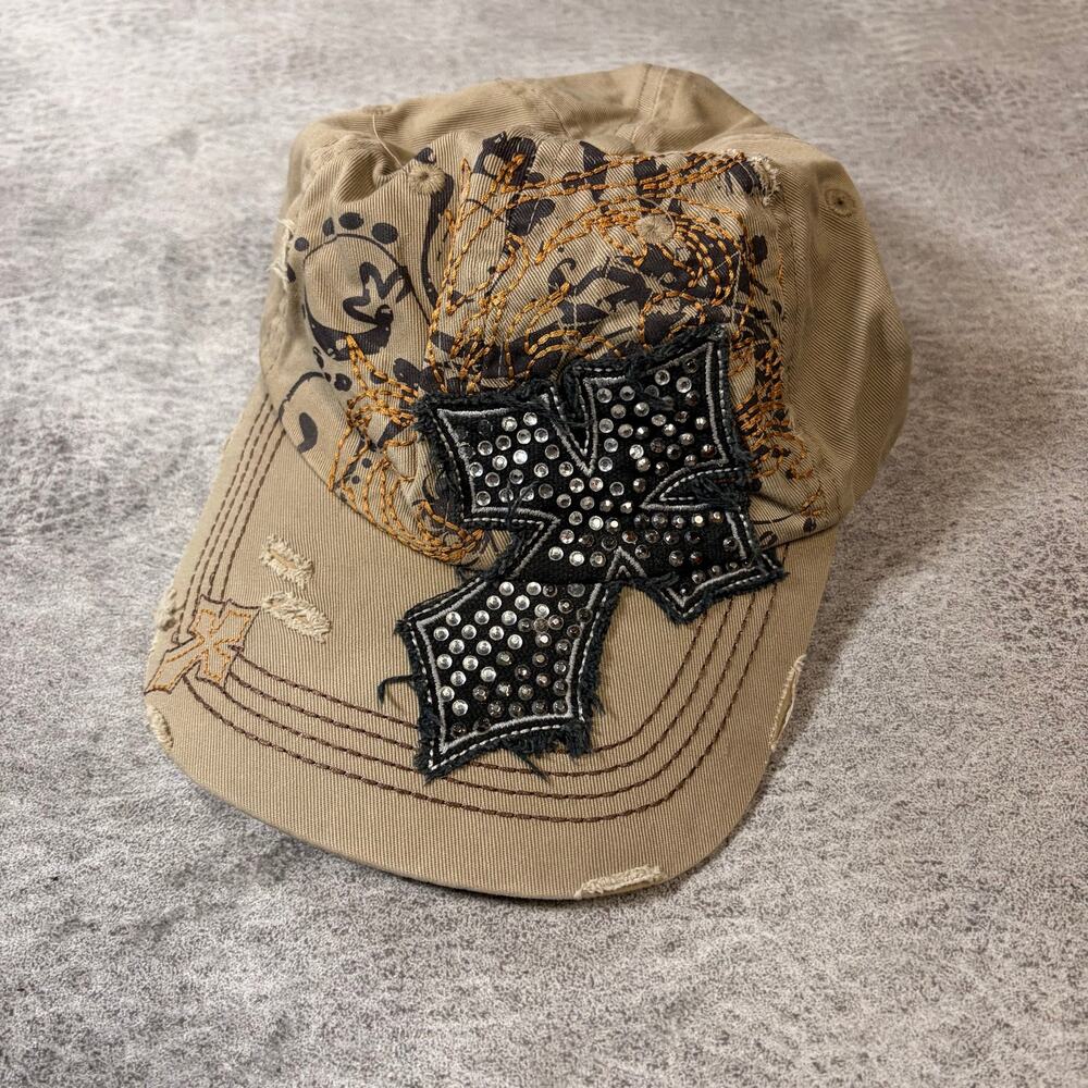 Tan Y2k Embellished Distressed Cap